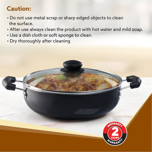 Elegant Non Stick Kadai with Glass Lid, 2.5L Capacity, 24 cm Diameter, Induction & Gas Oven Friendly, 3mm Thick, Riveted Cool Touch Handle, Granite Finish,  PFOA Free, Cooking, Frying, Serving, cookware, Black